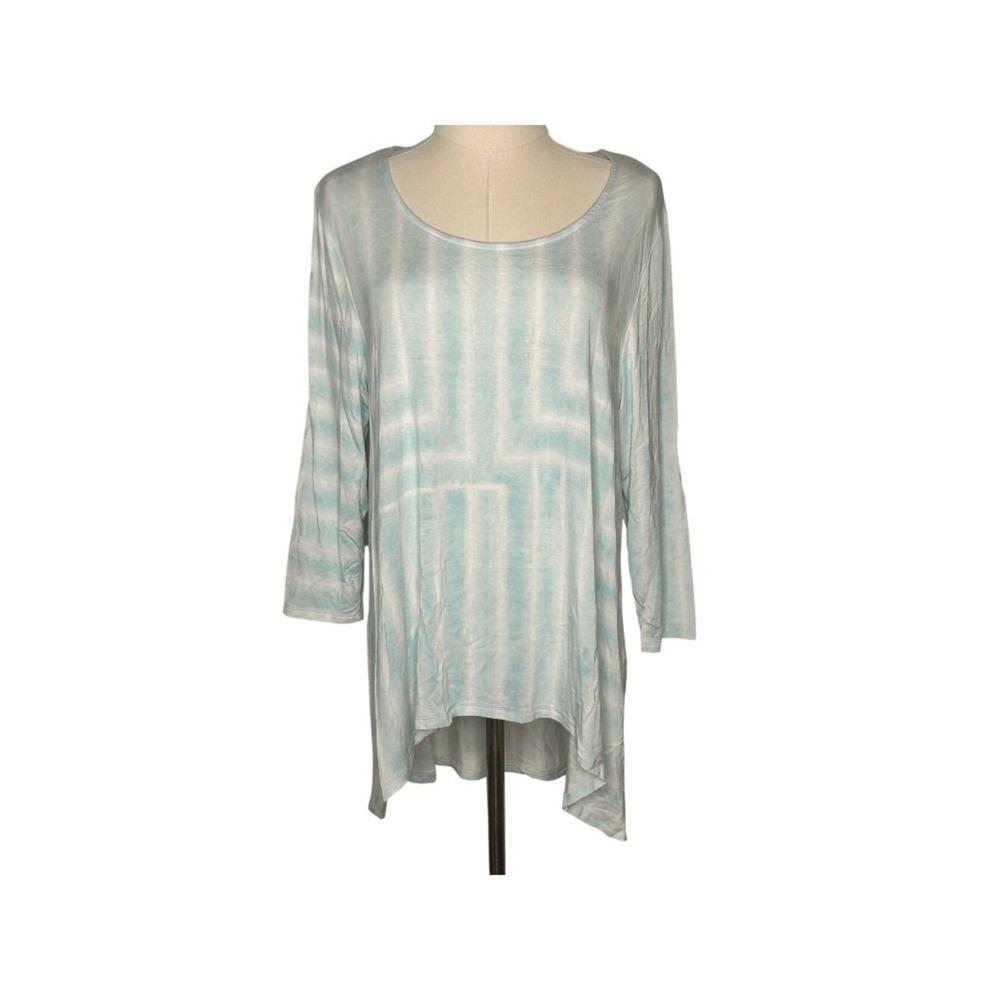Chicos Blue White Tie Dye 3/4 Sleeve Asymmetrical Top Sz 2 (US 12) Beachy Flowy